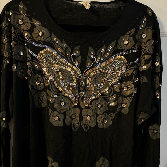 Y2K Embellished Beaded Butterfly Sparkle Black Floral Women's Top One Size VTG - Picture 2 of 15
